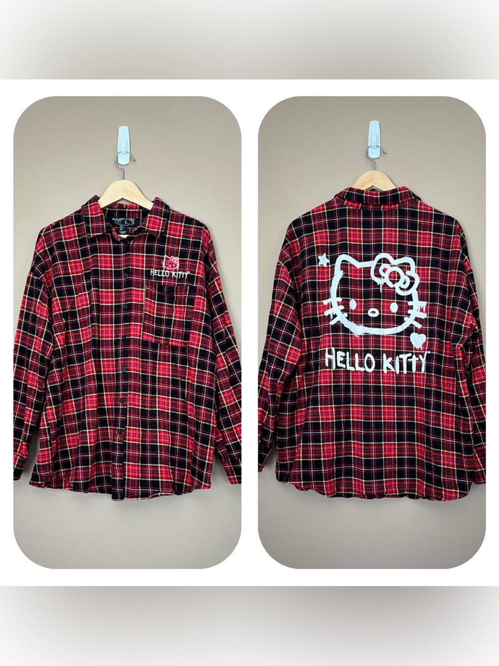 {Hello Kitty x Forever 21} Plaid Flannel Long Sleeve Button Down Top Graphic